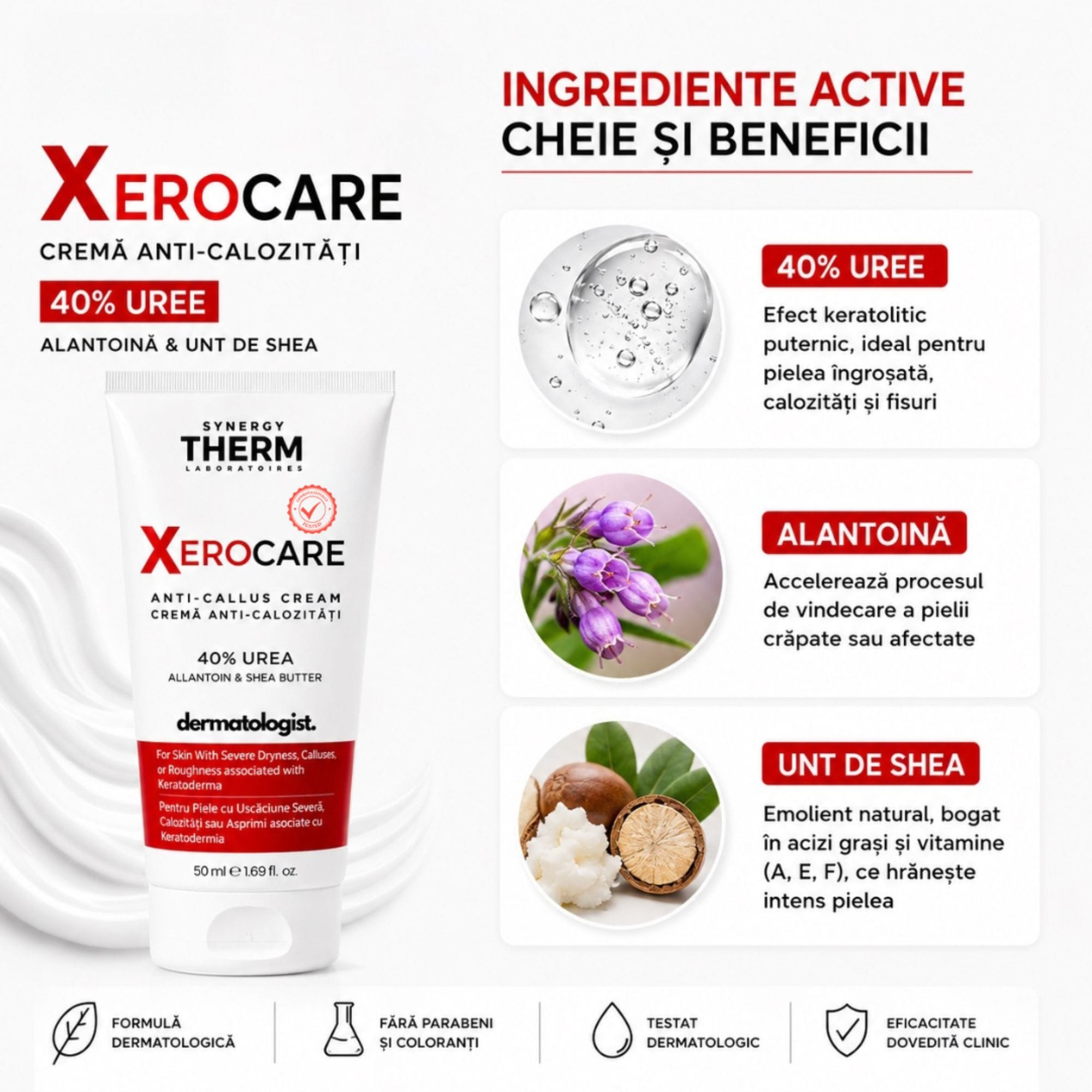 Xerocare Cremă Anti-Calozitǎți Cu 40% Uree, Alantoină Și Unt De Shea – 50ml (3)